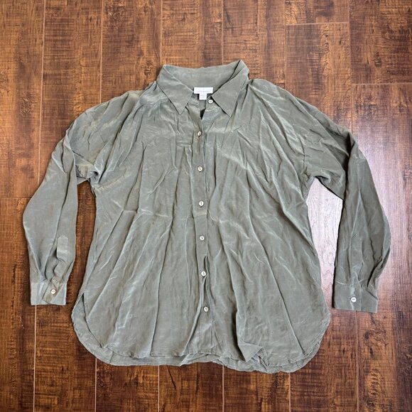 J Jill Washable 100% Silk Long Sleeve Blouse Button Shirt Olive Green Women S P - Picture 1 of 7